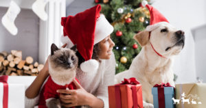 girl, cat, and dog with Christmas decorations